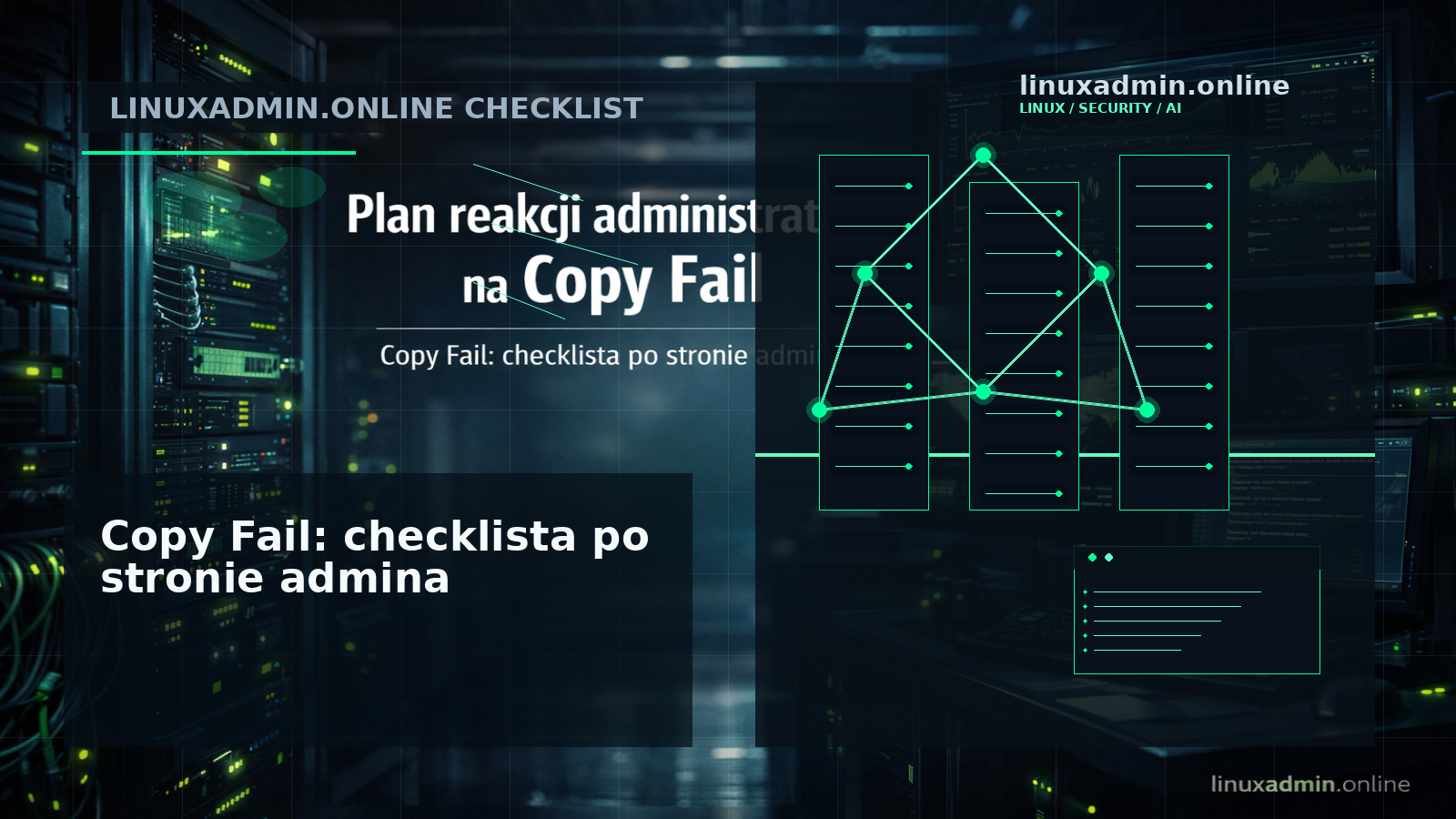 Duża grafika podsumowująca kroki reakcji administratora Linuksa na CVE-2026-31431