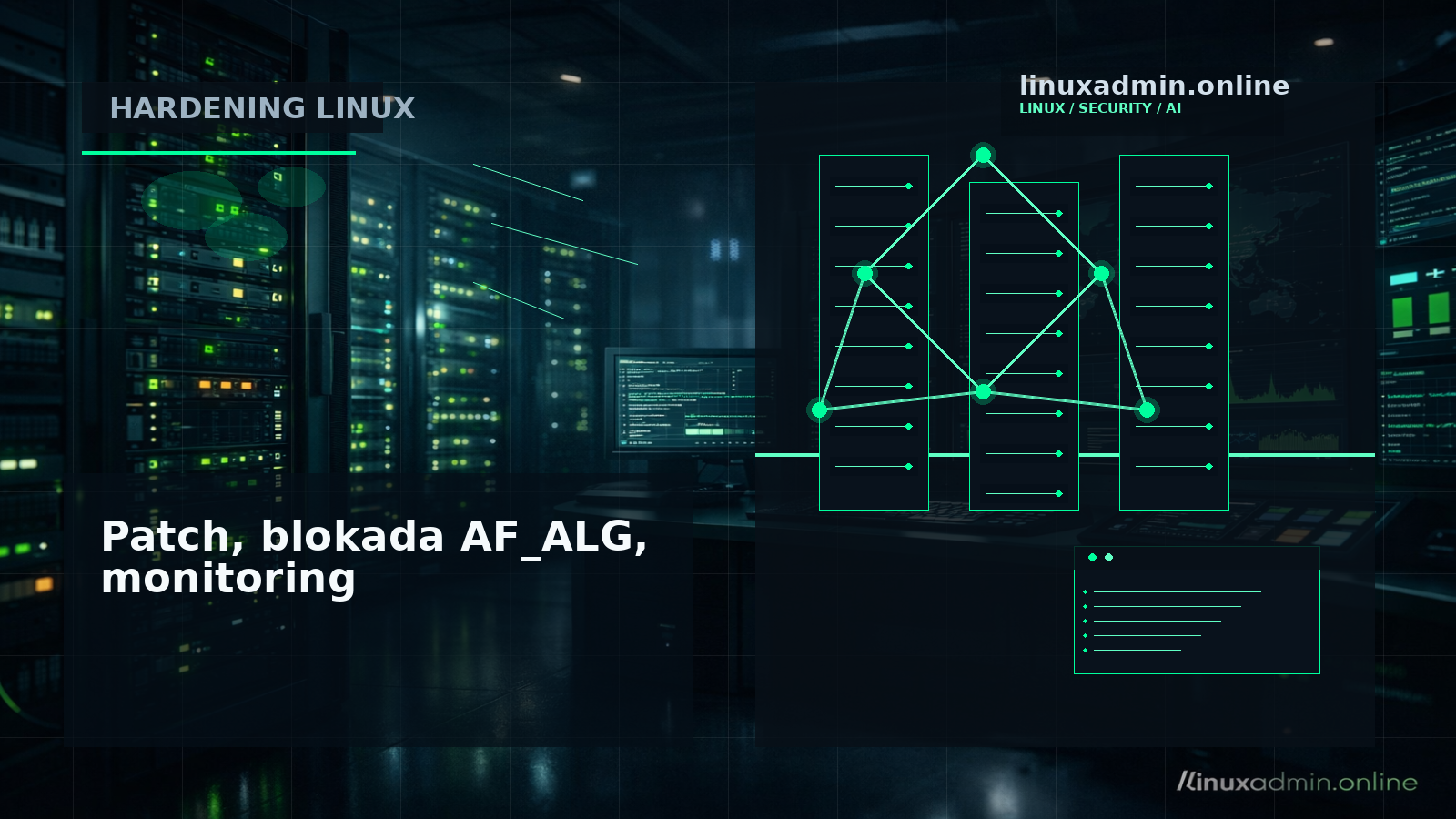 Duża grafika podsumowująca trzy warstwy obrony przed Copy Fail: kernel patch, seccomp i monitoring AF_ALG