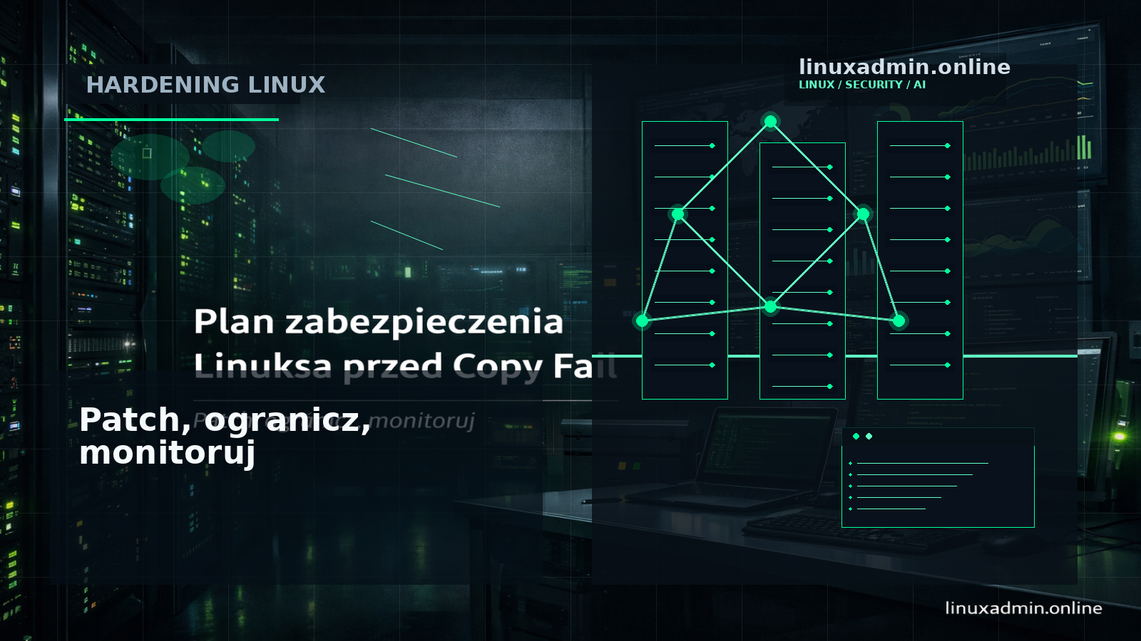 Podsumowująca grafika techniczna z checklistą aktualizacji kernela, blokady algif_aead, seccomp i monitoringu