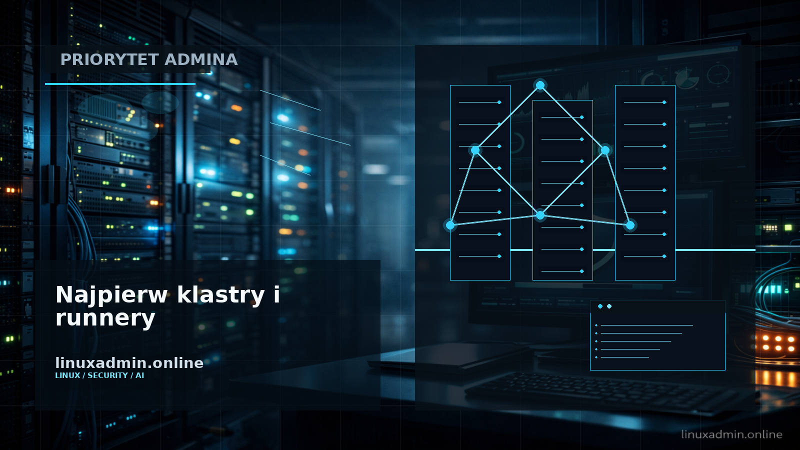 Diagram priorytetów łatania serwerów Linux obejmujący Kubernetes, CI/CD, bastiony i serwery aplikacyjne