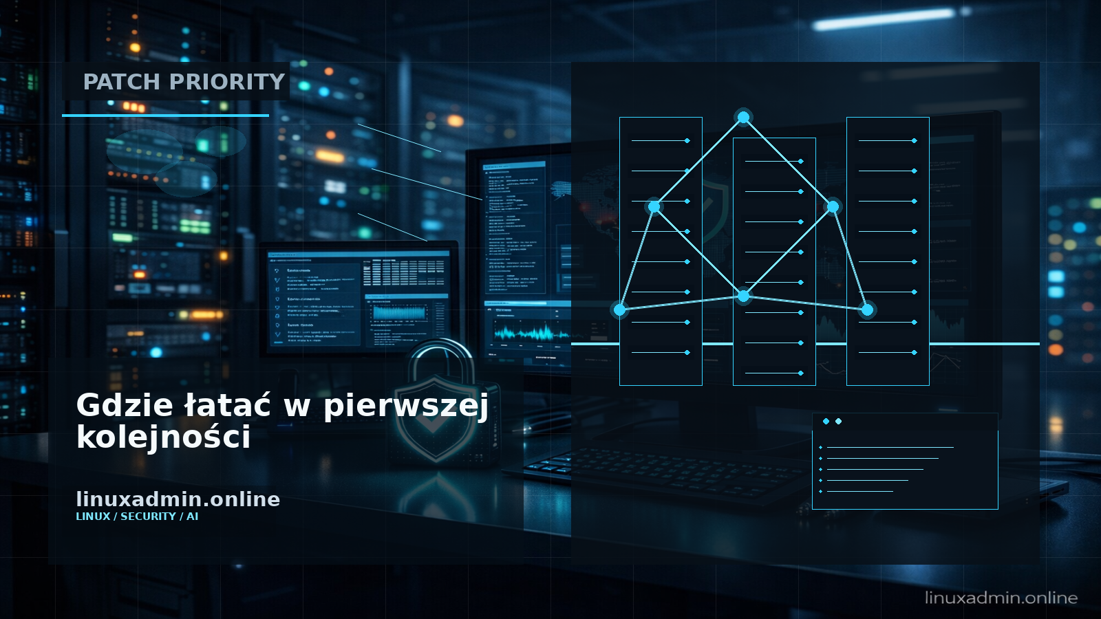 Techniczna grafika z listą priorytetów łatania: Kubernetes, CI/CD, serwery deweloperskie i hosty AI ML