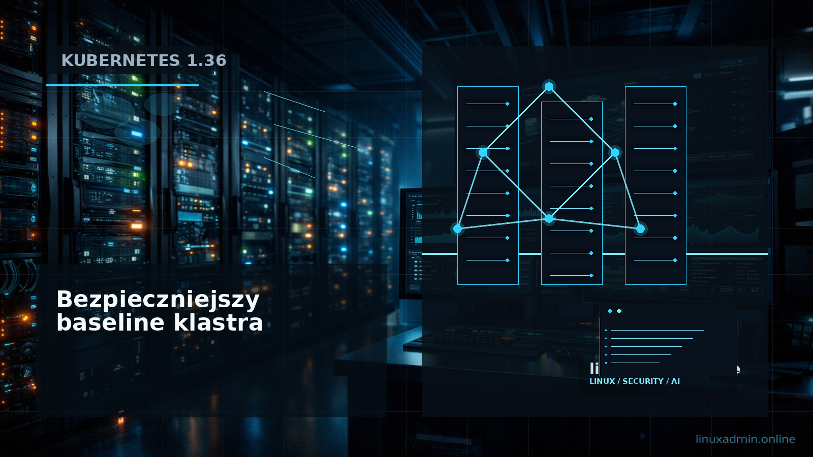 Schemat klastra Kubernetes 1.36 z nodami Linux, izolacją User Namespaces i blokadą externalIPs