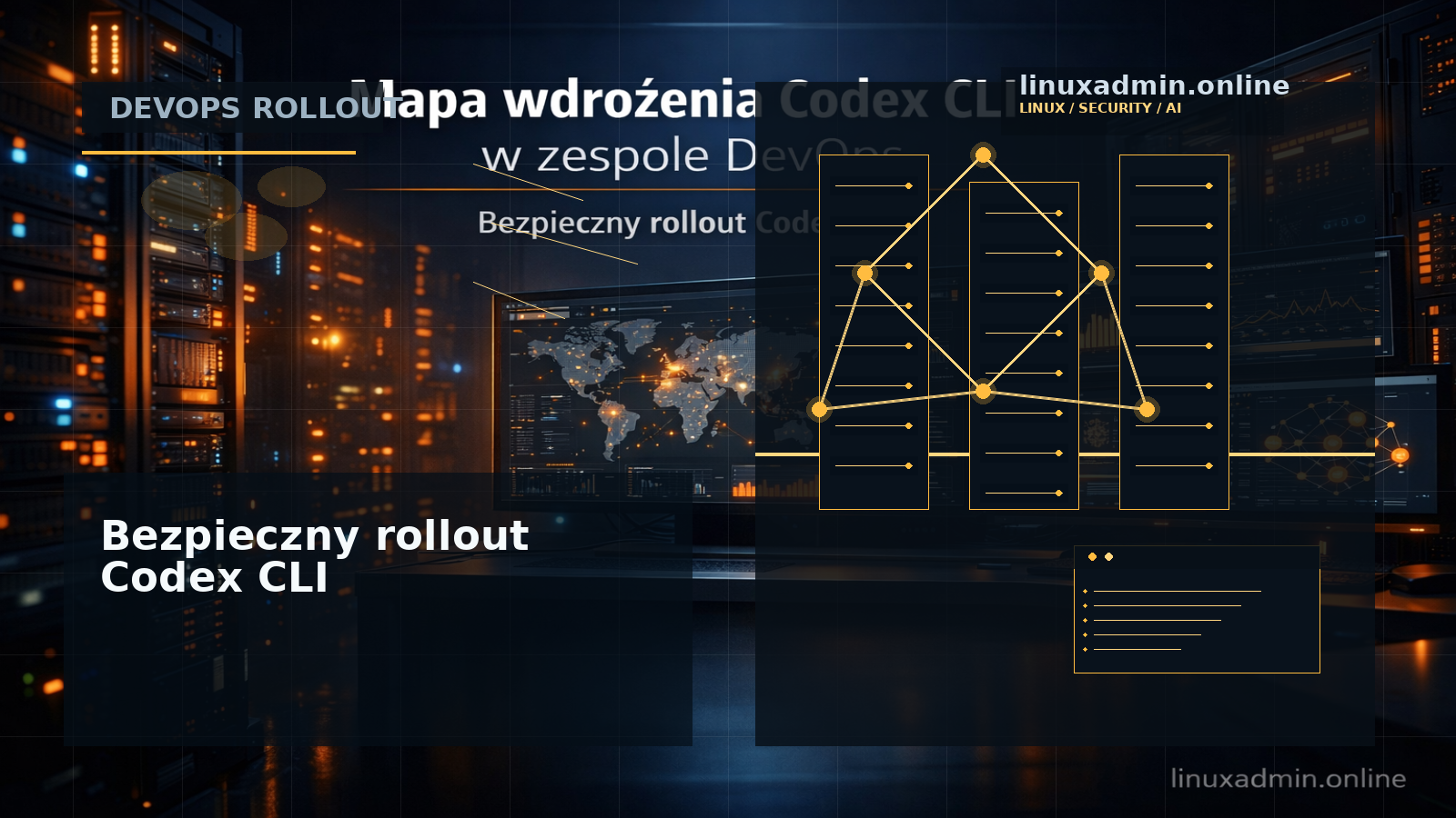 Duży schemat wdrożenia Codex CLI w zespole DevOps z etapami instalacji, sandboxingu, review i audytu