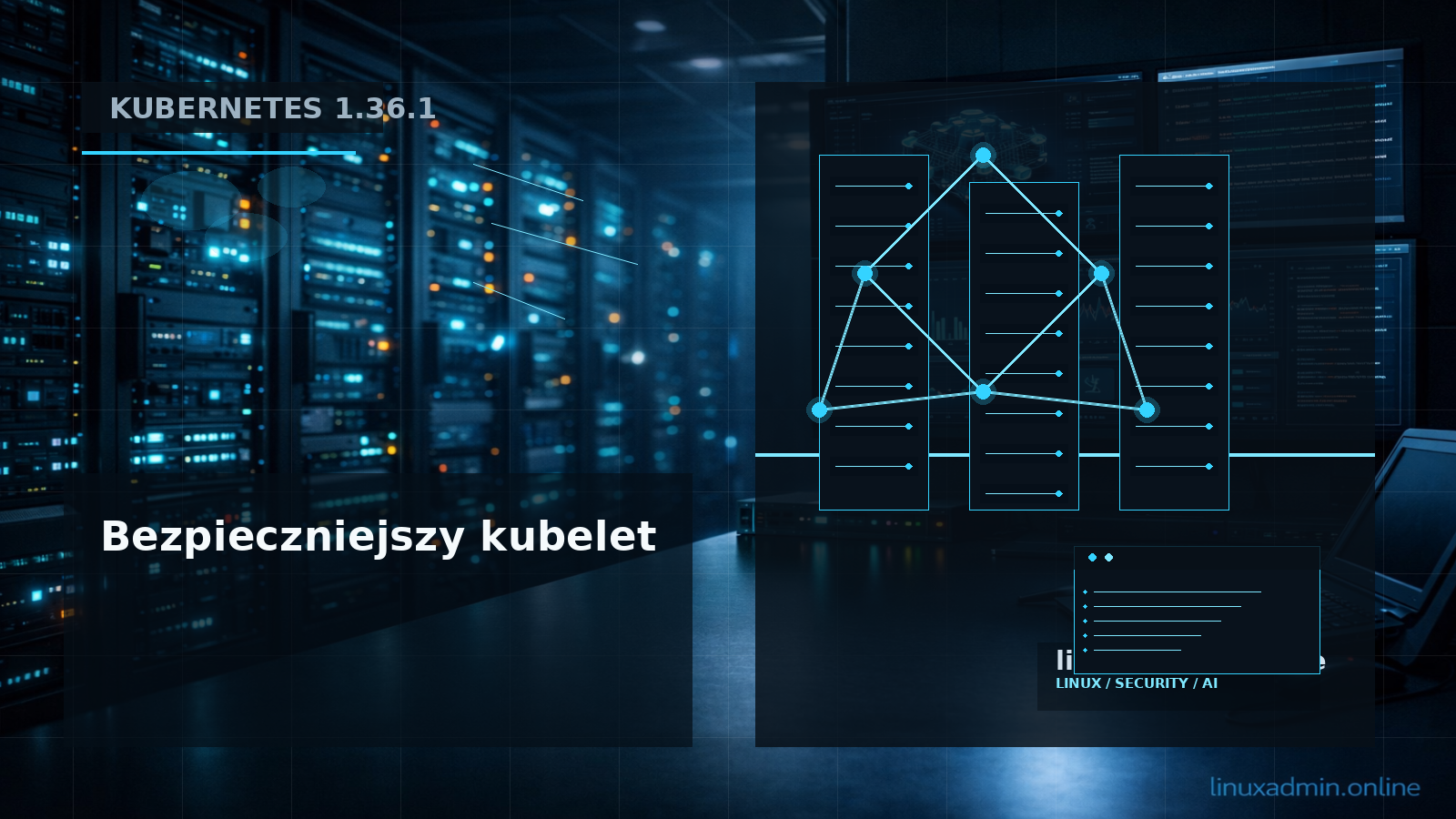 Schemat klastra Kubernetes 1.36.1 z linuksowymi node’ami, kubeletem i warstwą RBAC