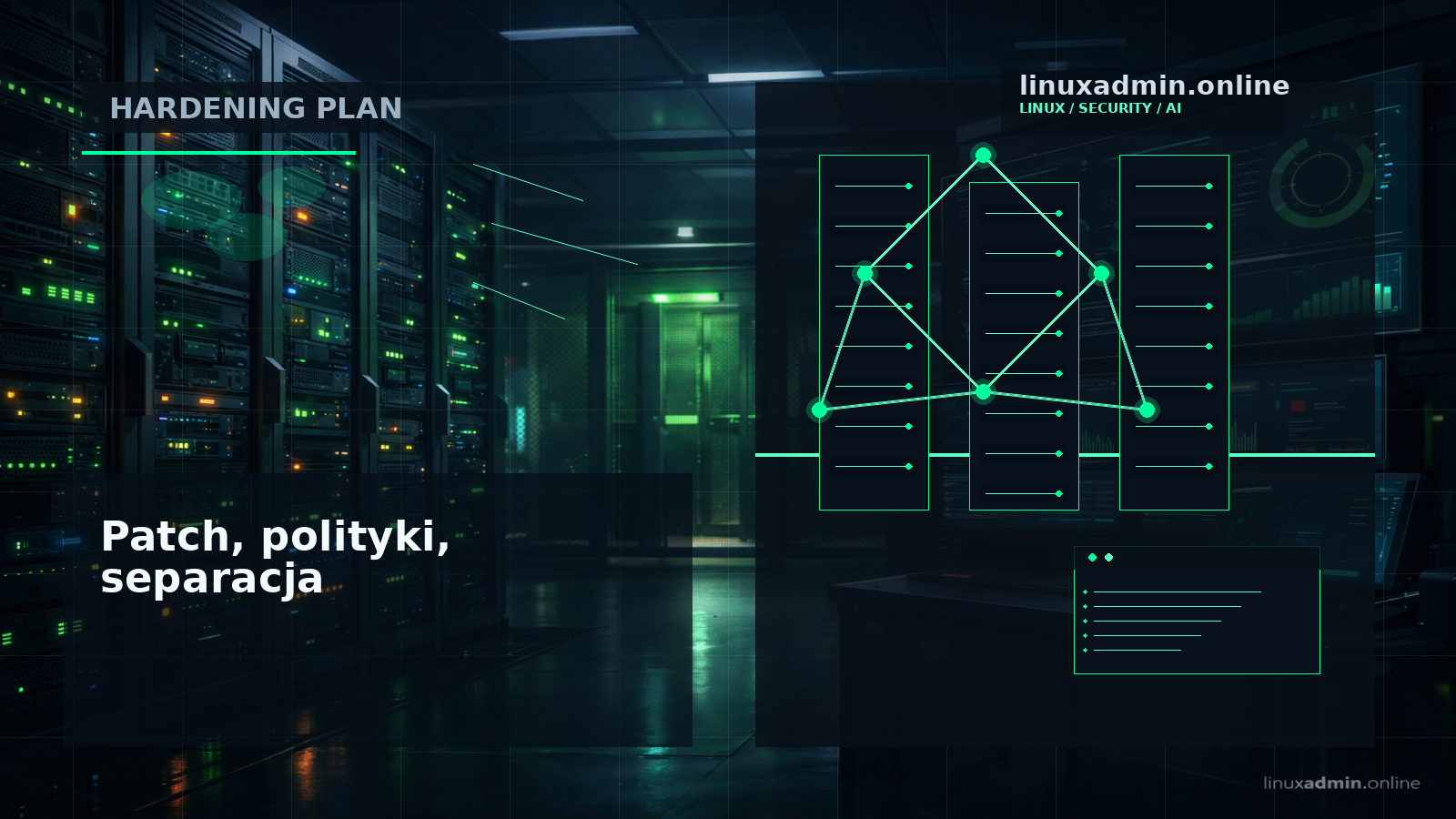 Duża grafika podsumowująca plan mitygacji: aktualizacja containerd, rotacja węzłów, admission policy i segmentacja node pooli