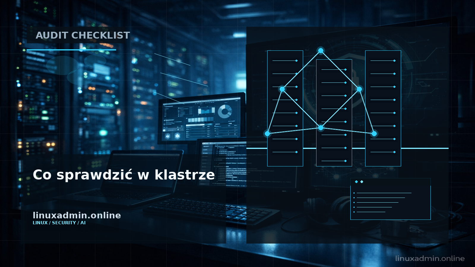 Techniczna grafika z checklistą audytu wersji containerd, imagePullPolicy i RBAC w Kubernetes