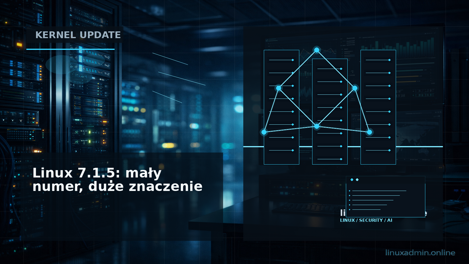 Schemat pokazujący przejście od kernela Linux 7.1 do stabilnej aktualizacji Linux 7.1.5 z poprawkami dla serwerów i stacji roboczych