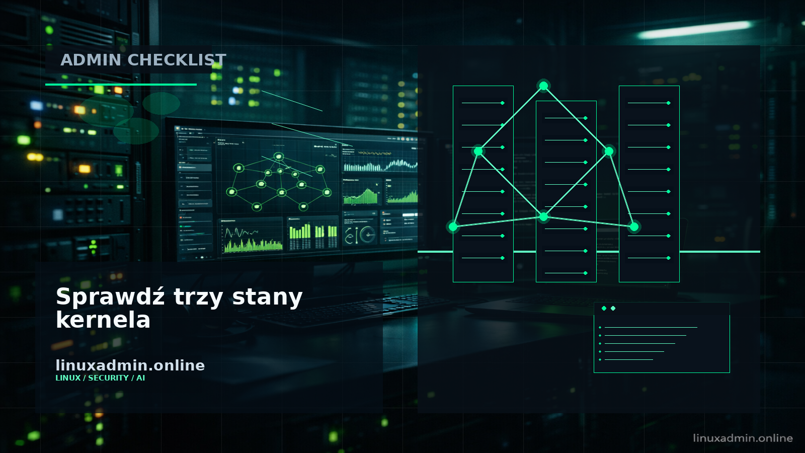 Techniczny diagram audytu floty Linux z porównaniem kernela uruchomionego, zainstalowanego i dostępnego w repozytorium