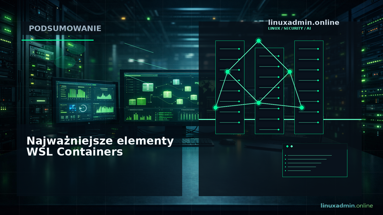 Duża infografika podsumowująca CLI wslc, API, GPU, virtiofs, Consomme i polityki enterprise