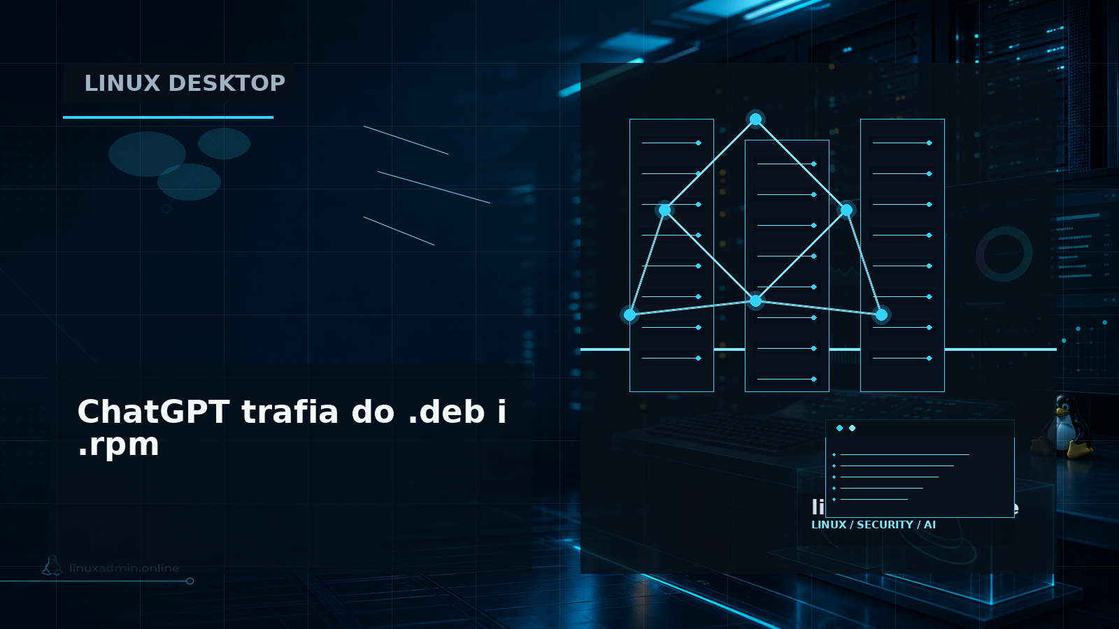 Schemat pokazujący obsługiwane dystrybucje Linux dla aplikacji ChatGPT: Ubuntu, Debian i Fedora oraz architektury x64 i ARM64