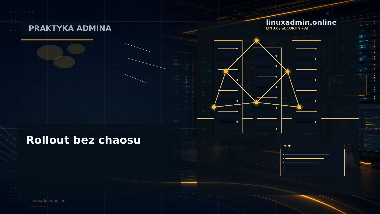 Techniczna plansza podsumowująca wdrożenie ChatGPT i Codex na Linuksie: pakiet, repozytorium, sandbox, Git i review
