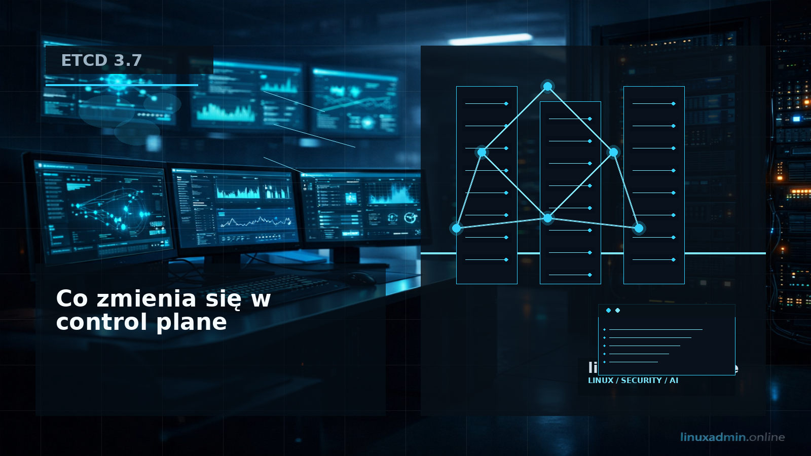 Techniczny diagram pokazujący główne zmiany w etcd 3.7: RangeStream, v3store, metryki watch i Unix sockety