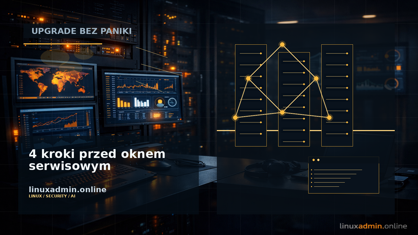Infografika z checklistą rolling upgrade etcd 3.6 do 3.7 na trzech węzłach Linuksa