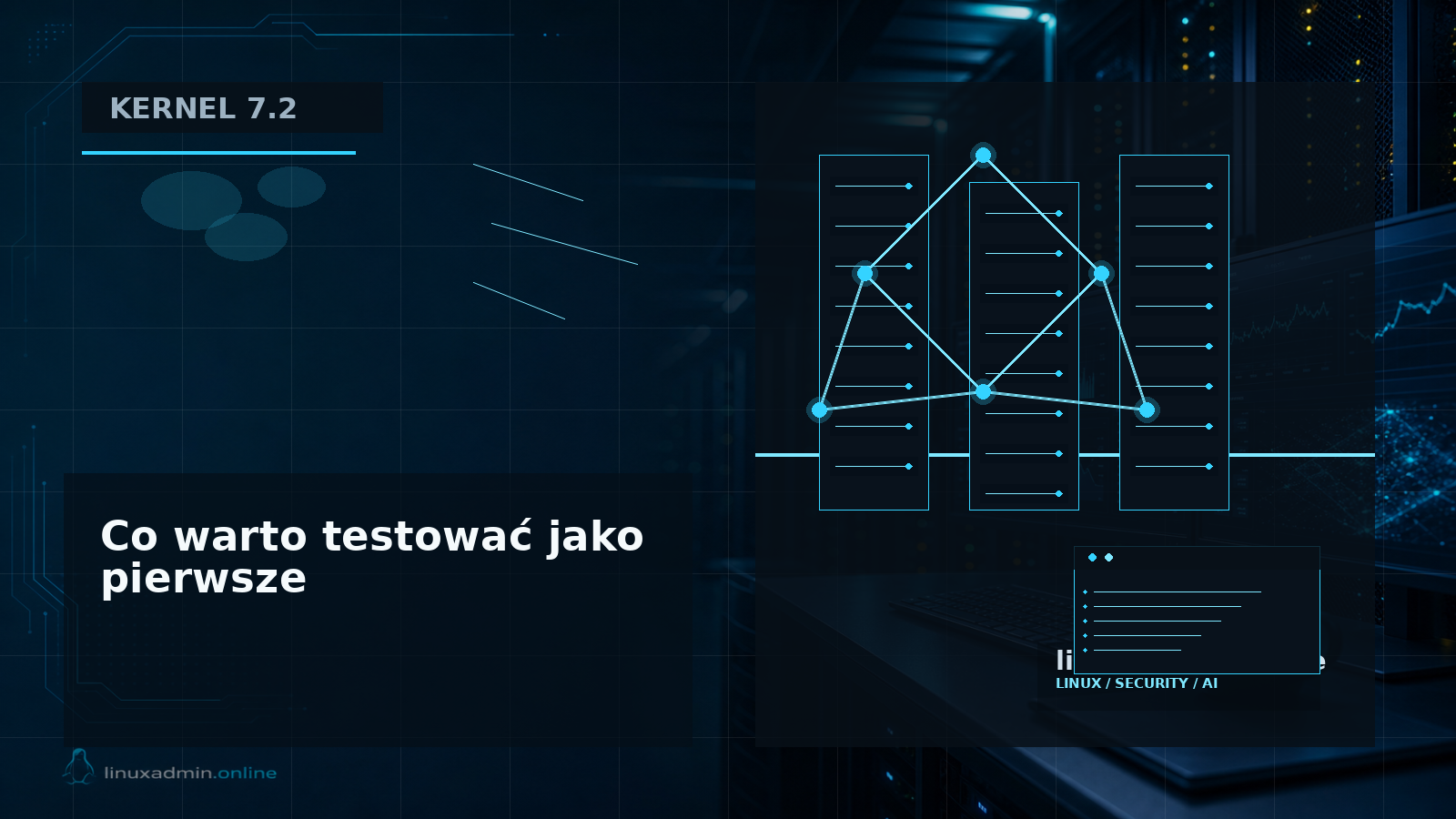 Schemat kernela Linux 7.2 z warstwami scheduler CPU, pamięć, Btrfs i sterowniki sprzętowe