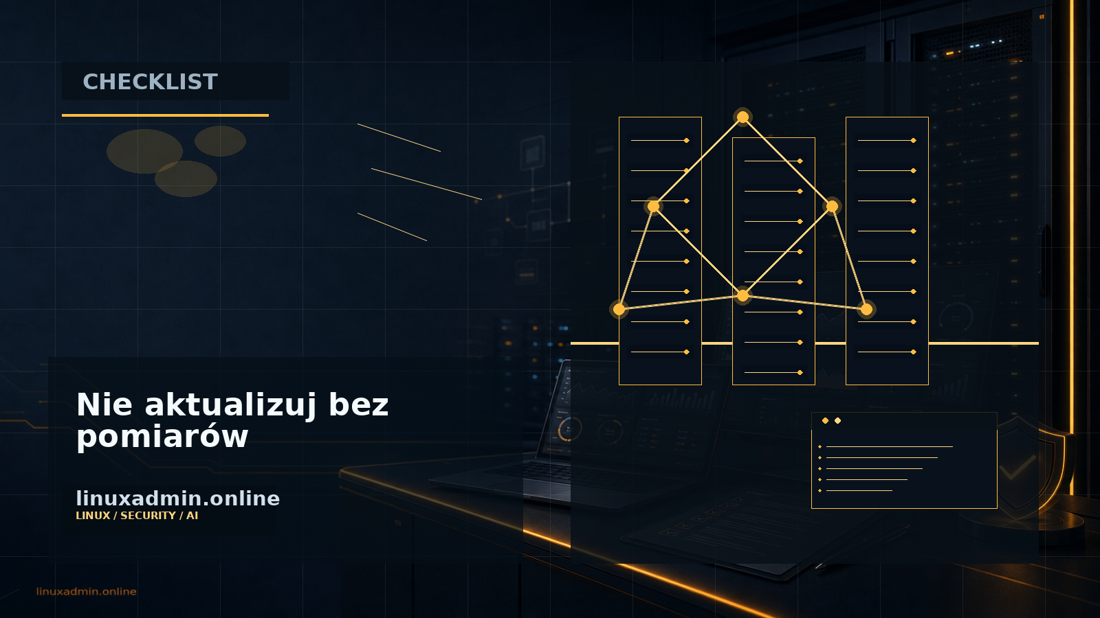 Techniczna grafika checklisty testów kernela Linux 7.2 obejmująca DKMS, Secure Boot, I/O i metryki aplikacji
