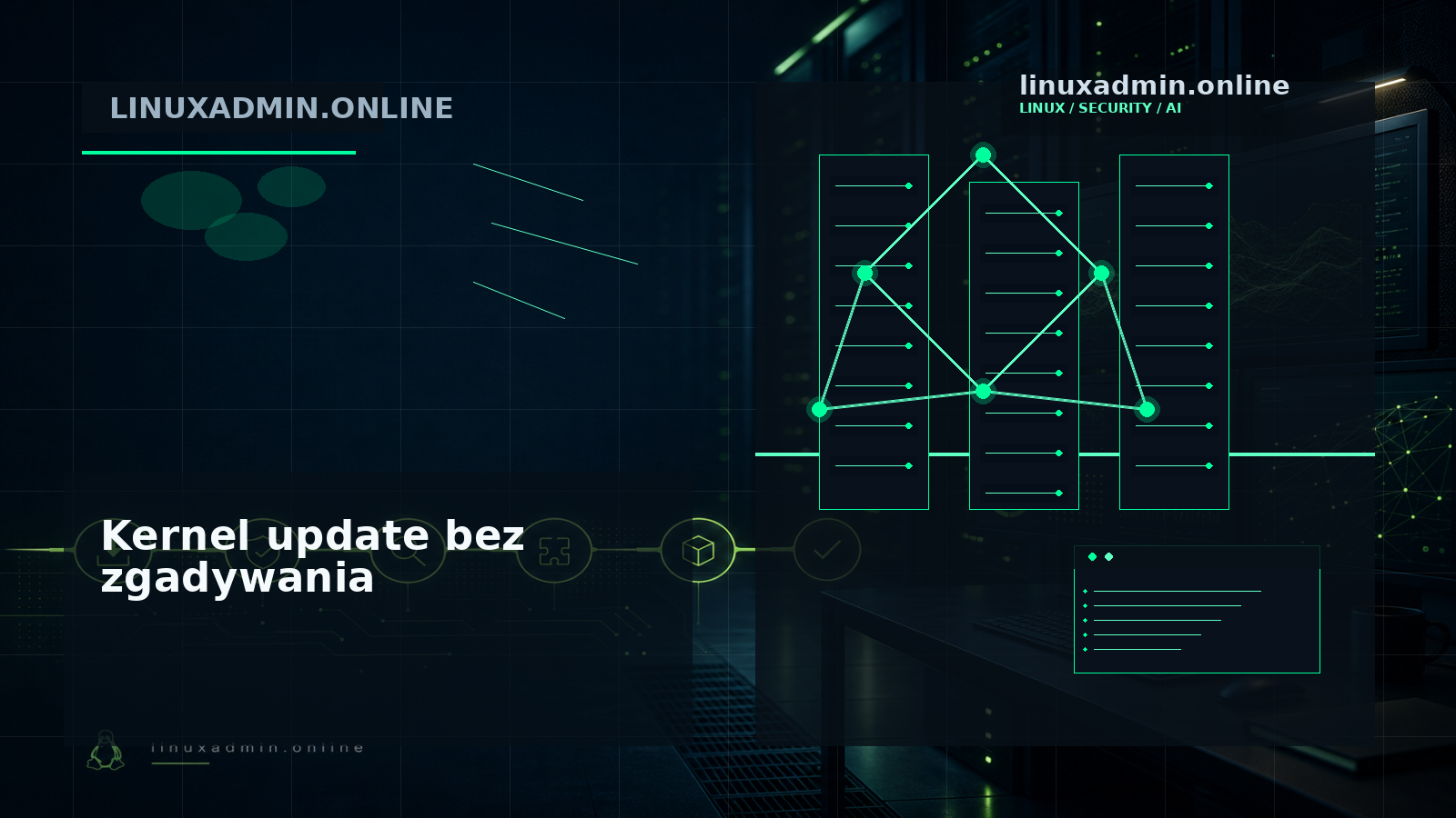 Duży diagram pipeline aktualizacji kernela Linux od testów przez canary po rollback