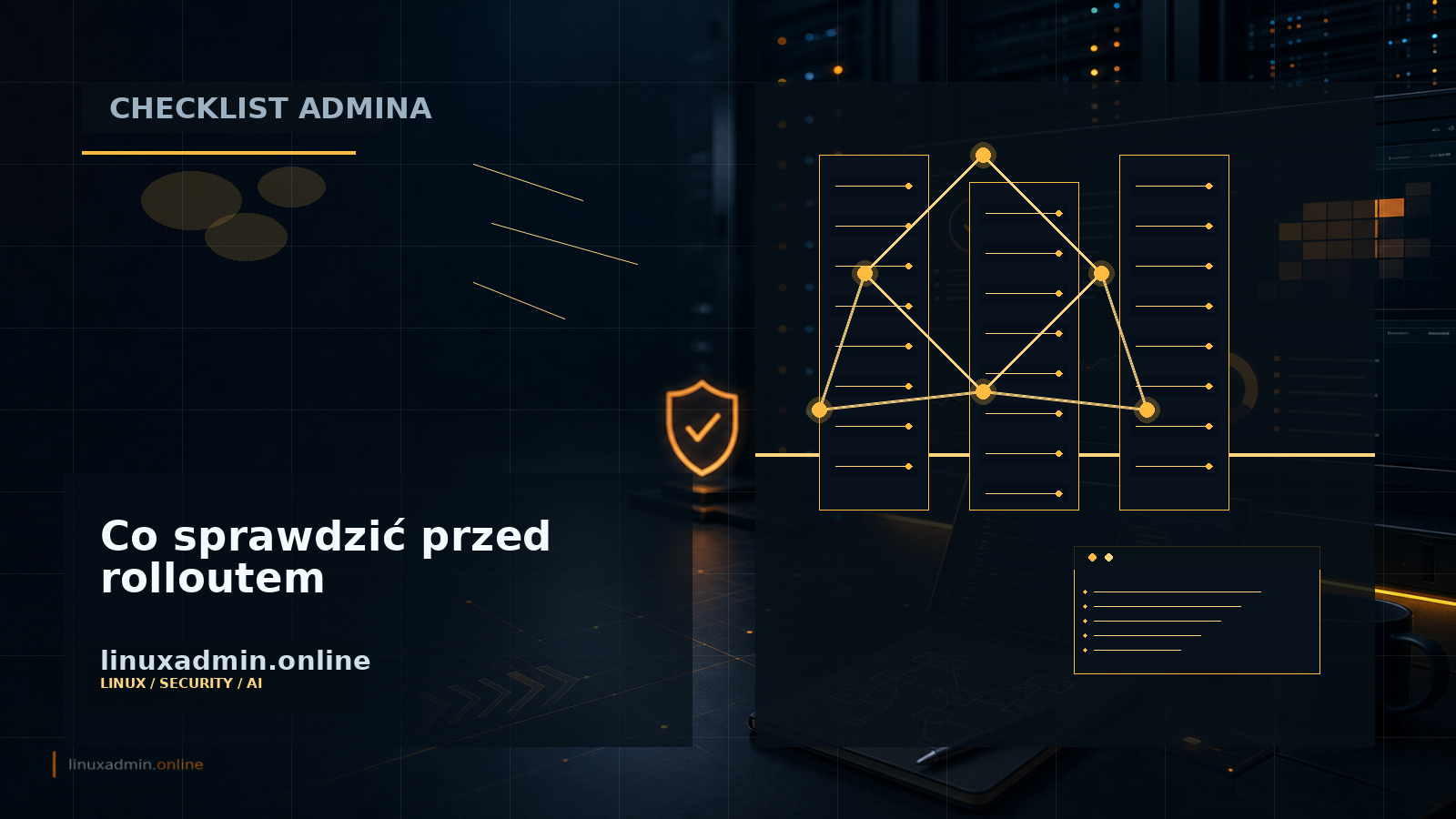 Techniczna grafika checklisty ryzyka przed aktualizacją Ubuntu 26.10: coreutils, OpenSSH, boot, TPM i ROCm
